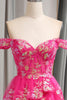 Load image into Gallery viewer, Sparkly Tulle Fuchsia A Line Tiered Long Corset Prom Dress With Appliques