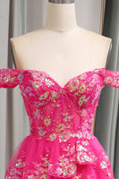 Load image into Gallery viewer, Sparkly Tulle Fuchsia A Line Tiered Long Corset Prom Dress With Appliques