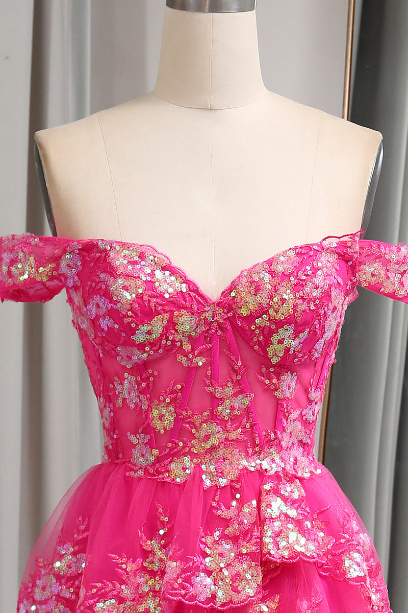 Load image into Gallery viewer, Sparkly Tulle Fuchsia A Line Tiered Long Corset Prom Dress With Appliques