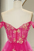 Load image into Gallery viewer, Glitter Fuchsia A Line Long Tiered Corset Prom Dress With Lace