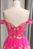 Load image into Gallery viewer, Sparkly Tulle Fuchsia A Line Tiered Long Corset Prom Dress With Appliques