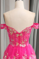 Load image into Gallery viewer, Sparkly Tulle Fuchsia A Line Tiered Long Corset Prom Dress With Appliques