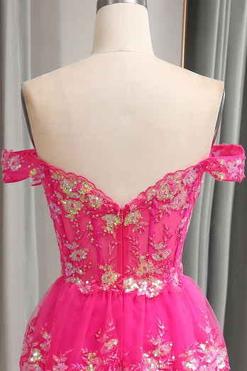 Sparkly Tulle Fuchsia A Line Tiered Long Corset Prom Dress With Appliques