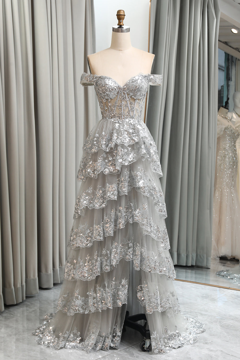 Shiny Silver Tulle A Line Tiered Corset Long Prom Dress With Appliques
