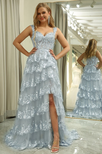 Sparkly Silver A Line Long Corset Prom Dress With Lace