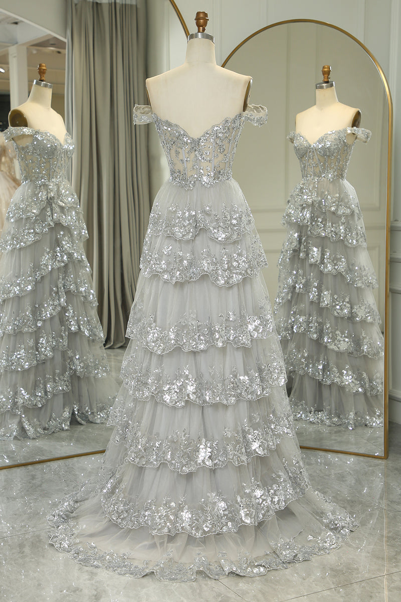 Load image into Gallery viewer, Sparkly Silver A-Line Long Corset Tiered Prom Dress With Lace