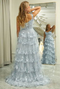 Sparkly Silver A Line Long Corset Prom Dress With Lace