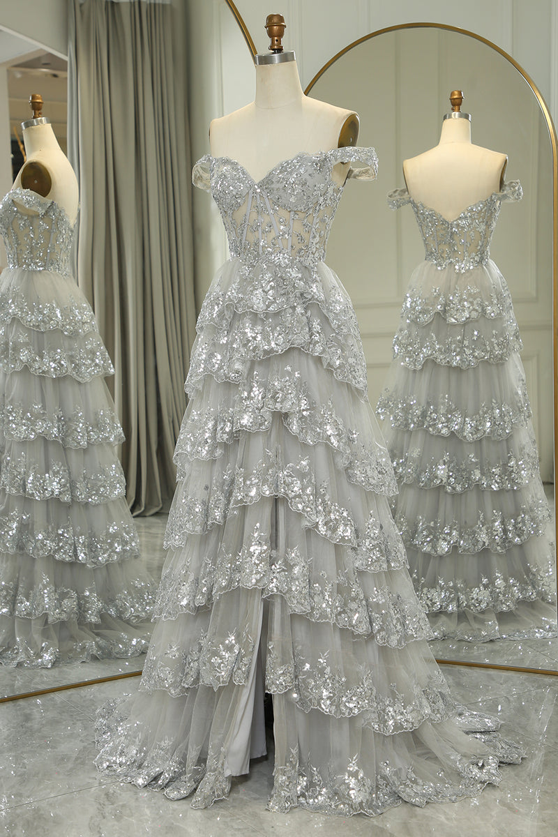 Load image into Gallery viewer, Sparkly Silver A-Line Long Corset Tiered Prom Dress With Lace