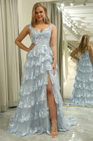 Load image into Gallery viewer, Sparkly Silver A Line Long Corset Prom Dress With Lace