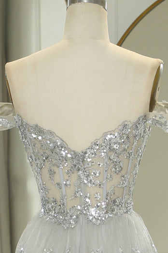Sparkly Silver A-Line Long Corset Tiered Prom Dress With Lace