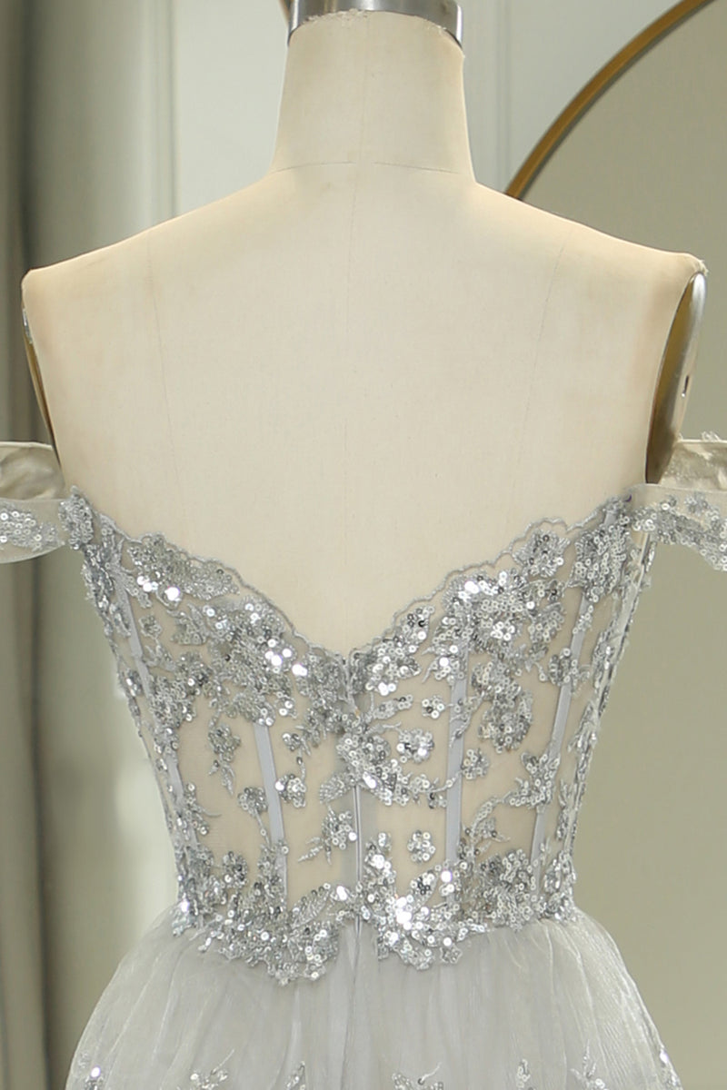 Load image into Gallery viewer, Sparkly Silver A-Line Long Corset Tiered Prom Dress With Lace