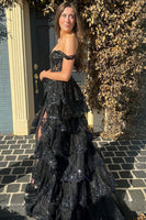 Load image into Gallery viewer, Black Off The Shoulder Tiered Long Corset Prom Dress with Ruffles