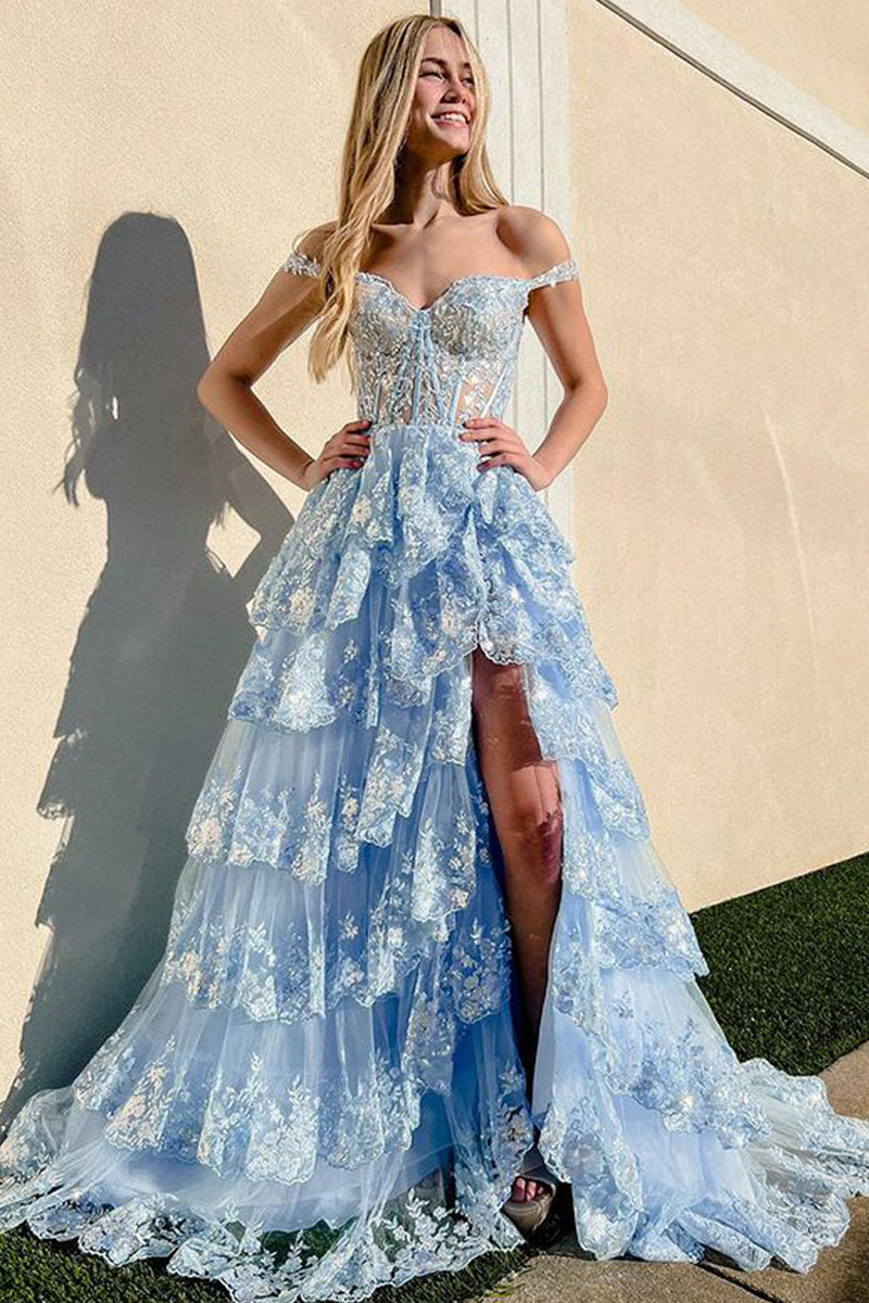 Load image into Gallery viewer, Sparkly Black Off The Shoulder Tiered Corset Prom Dress