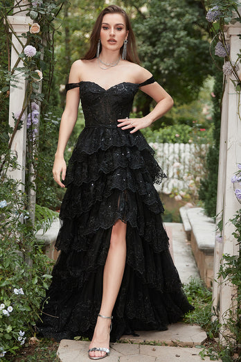 Long Off The Shoulder Black Tiered Prom Dress