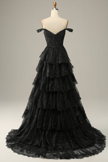 Long Off The Shoulder Black Tiered Prom Dress