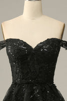 Load image into Gallery viewer, Black Off The Shoulder Tiered Long Corset Prom Dress with Ruffles