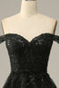 Load image into Gallery viewer, Sparkly Black Off The Shoulder Tiered Corset Prom Dress