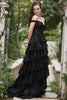 Load image into Gallery viewer, Long Off The Shoulder Black Tiered Prom Dress