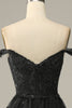 Load image into Gallery viewer, Sparkly Black Off The Shoulder Tiered Corset Prom Dress