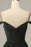 Load image into Gallery viewer, Sparkly Black Off The Shoulder Tiered Corset Prom Dress
