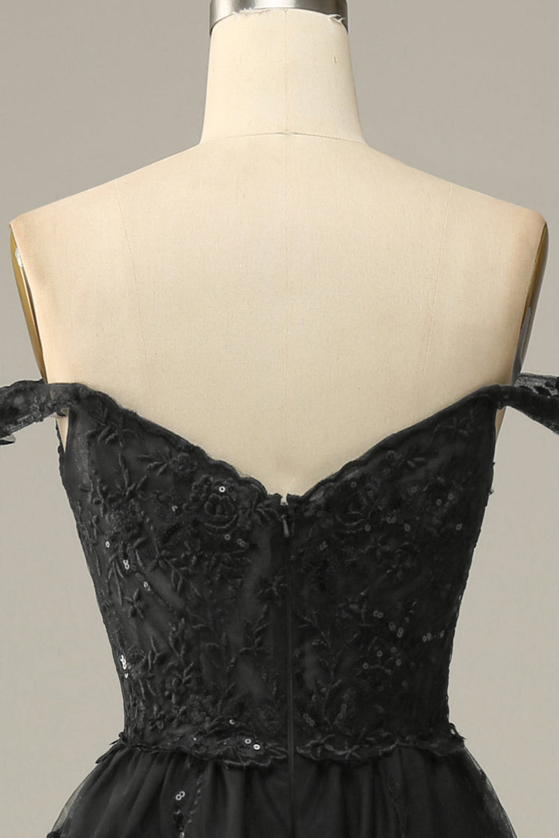 Load image into Gallery viewer, Sparkly Black Off The Shoulder Tiered Corset Prom Dress