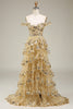 Load image into Gallery viewer, Gold Off The Shoulder Tiered Prom Dress