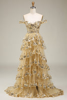 Load image into Gallery viewer, Gold Off The Shoulder Tiered Prom Dress