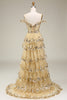 Load image into Gallery viewer, Gold Off The Shoulder Tiered Prom Dress