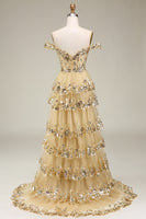 Load image into Gallery viewer, Gold Off The Shoulder Tiered Prom Dress