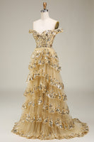Load image into Gallery viewer, Gold Off The Shoulder Tiered Prom Dress