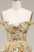 Load image into Gallery viewer, Gold Off The Shoulder Tiered Prom Dress