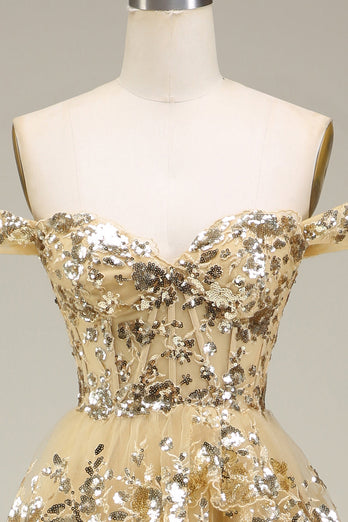 Gold Off The Shoulder Tiered Prom Dress