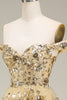 Load image into Gallery viewer, Gold Off The Shoulder Tiered Prom Dress