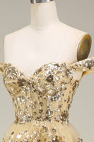 Load image into Gallery viewer, Gold Off The Shoulder Tiered Prom Dress