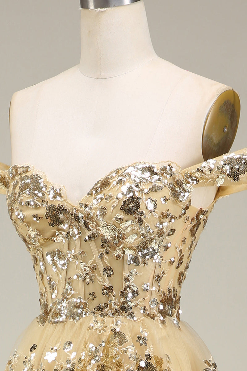 Load image into Gallery viewer, Gold Off The Shoulder Tiered Prom Dress