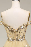 Load image into Gallery viewer, Gold Off The Shoulder Tiered Prom Dress