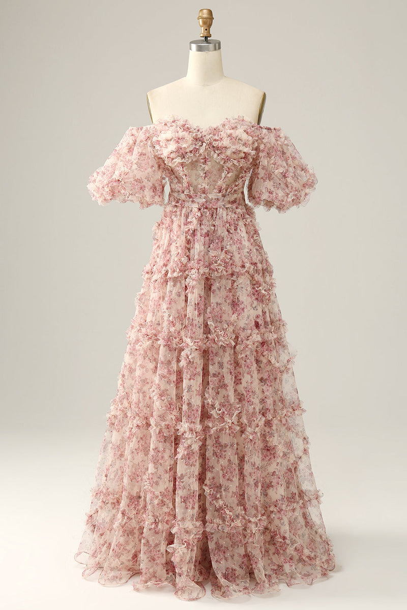 Load image into Gallery viewer, Ivory Red Flower Off The Shoulder Prom Dress