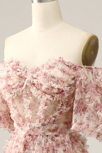 Ivory Red Flower Off The Shoulder Prom Dress