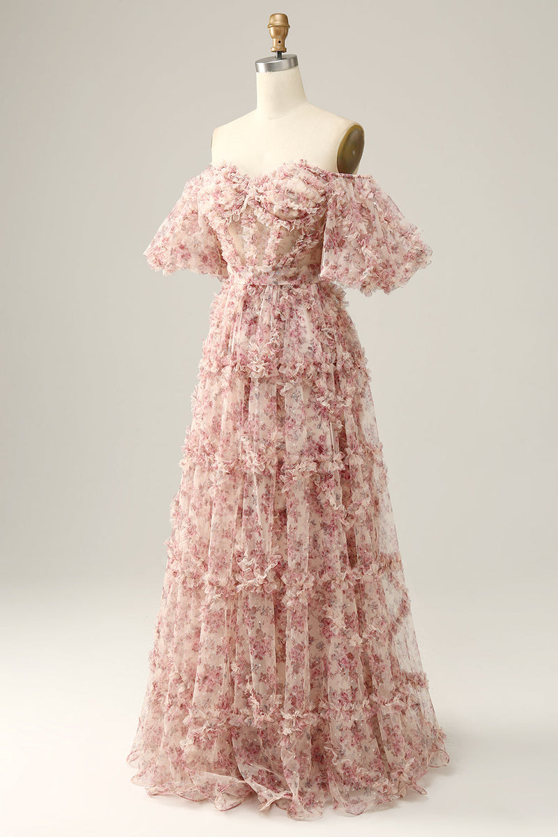 Load image into Gallery viewer, Ivory Red Flower Off The Shoulder Prom Dress