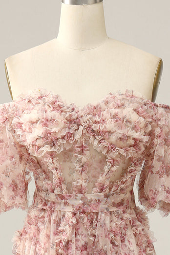 Ivory Red Flower Off The Shoulder Prom Dress