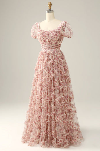 Ivory Red Flower Square Neck Prom Dress