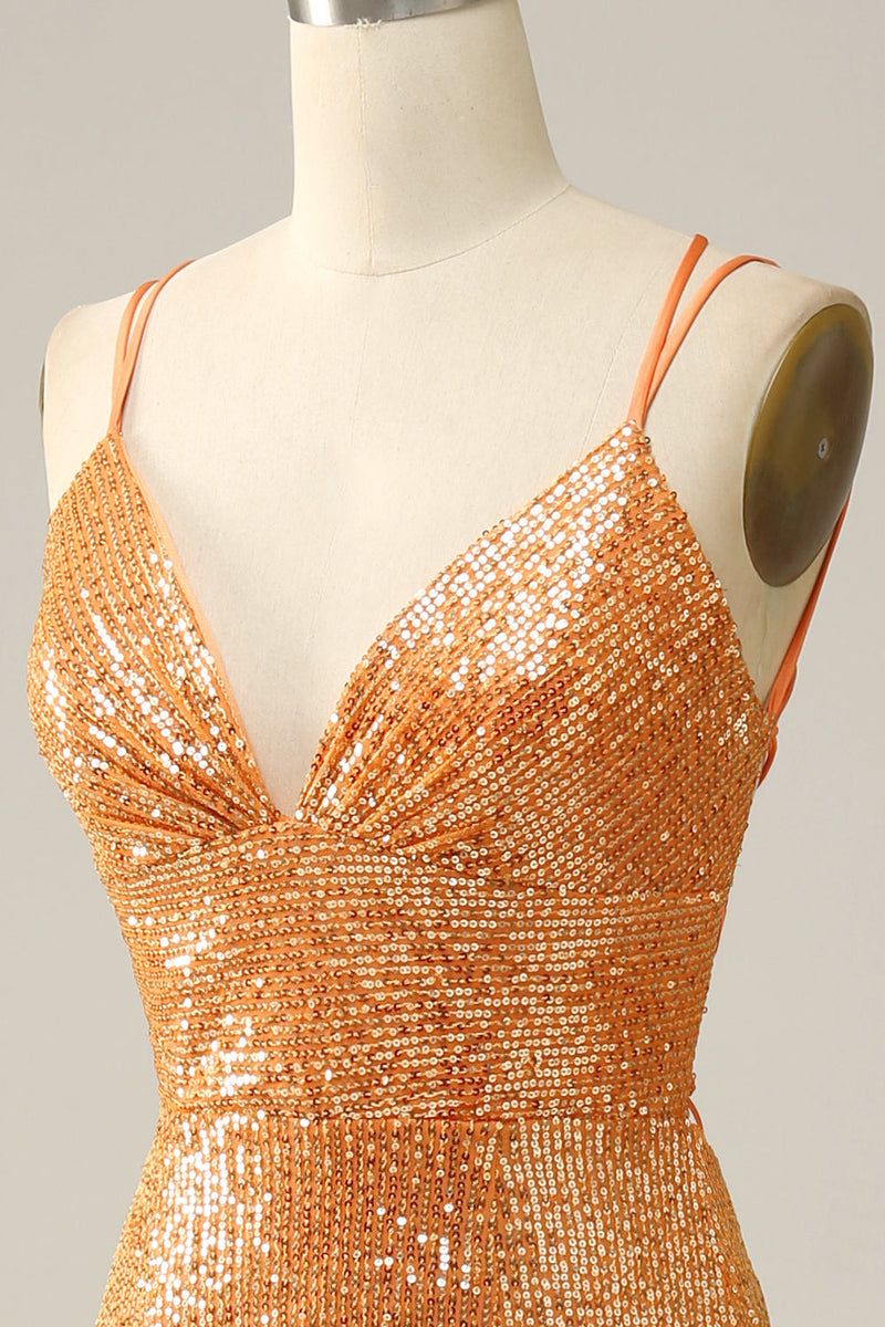 Load image into Gallery viewer, Orange Sequined Backless Mermaid Prom Dress