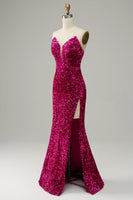 Load image into Gallery viewer, Hot Pink Strapless Sequin Prom Dress with Slit