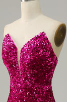 Load image into Gallery viewer, Hot Pink Strapless Sequin Prom Dress with Slit