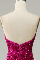 Load image into Gallery viewer, Hot Pink Strapless Sequin Prom Dress with Slit