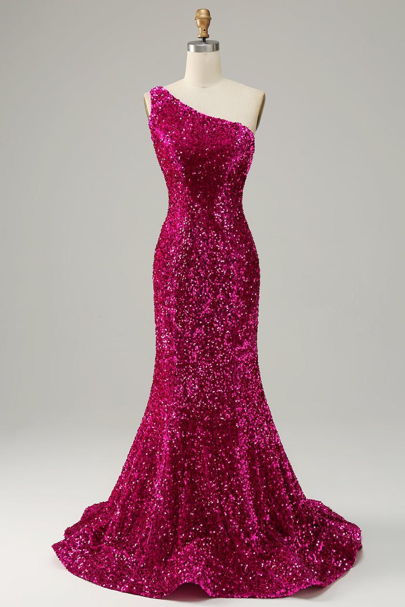 Load image into Gallery viewer, One Shoulder Sequin Mermaid Prom Dress