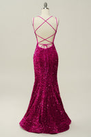 Load image into Gallery viewer, Hot Pink Sequin Spaghetti Straps Mermaid Prom Dress with Lace-up Back
