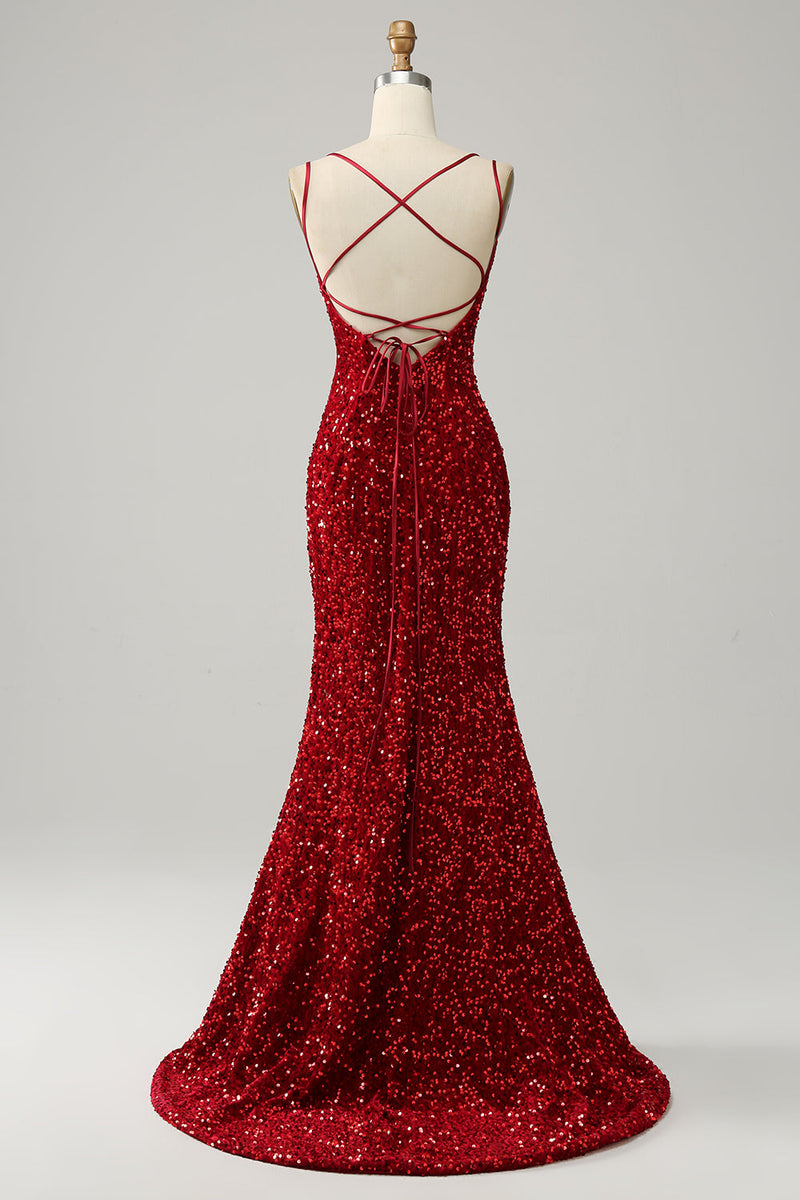 Load image into Gallery viewer, Red Sparkly Mermaid Backless Long Prom Dress with Fringes