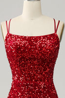 Load image into Gallery viewer, Red Sparkly Mermaid Backless Long Prom Dress with Fringes