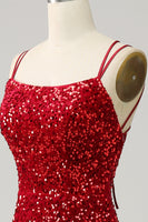 Load image into Gallery viewer, Red Sparkly Mermaid Backless Long Prom Dress with Fringes